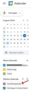 Familienkalender wird angezeigt.